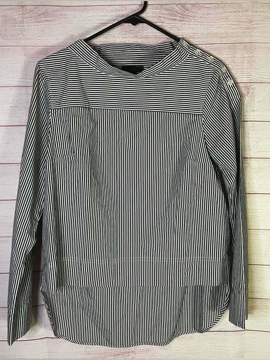 J. Crew Tops - J.Crew Black White Striped Funnelneck Button‎ Shoulder High Low Hem Shirt Size 6